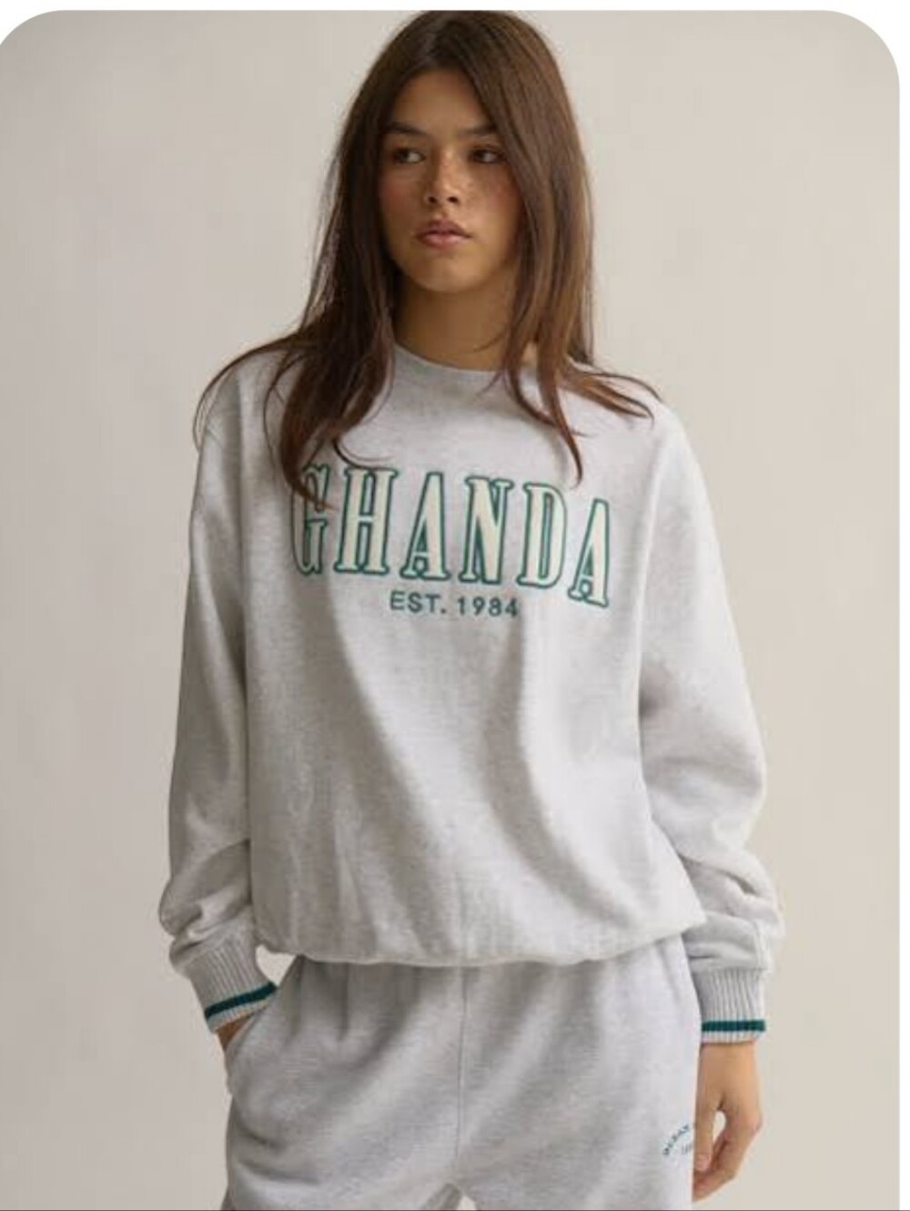 Ghanda Collegiate Crew Sweatshirt with Green Embroidered Logo